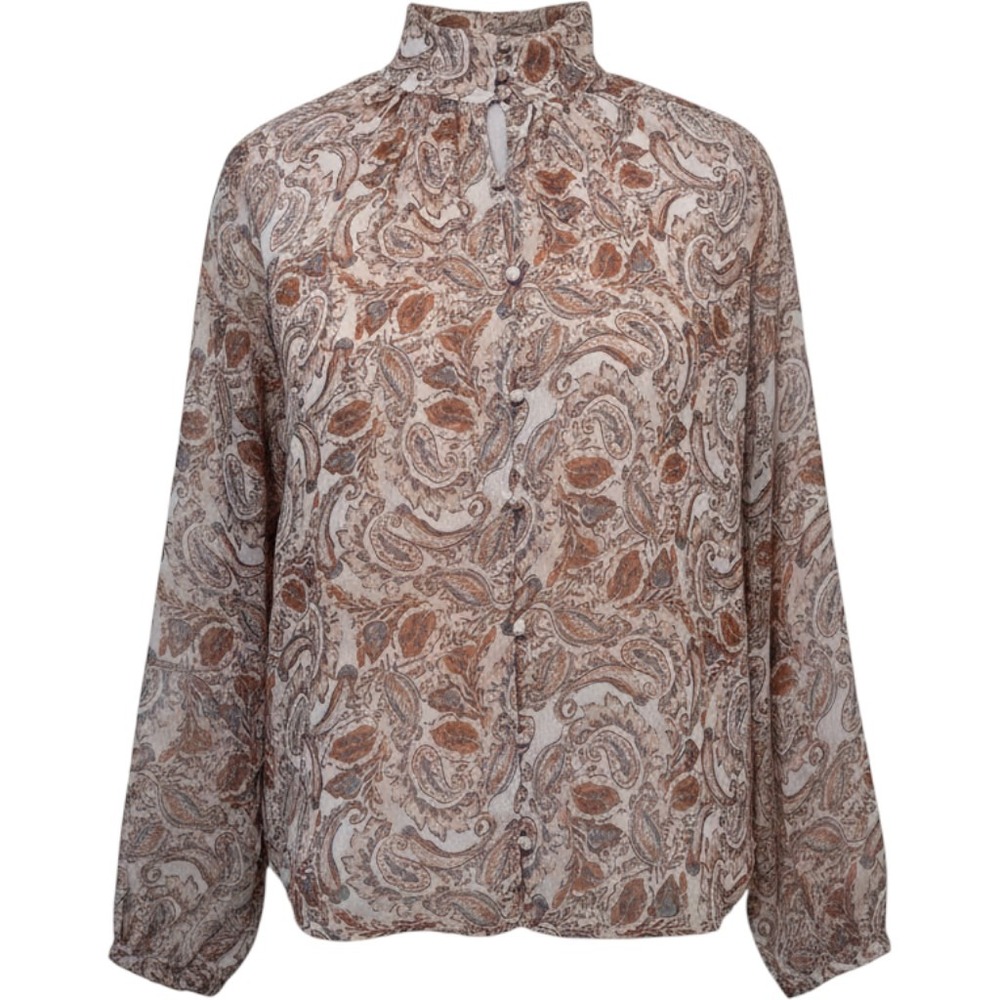 FATE Womens Paisley High Neck Blouse Size M Brown Tan Boho Sheer Button Front